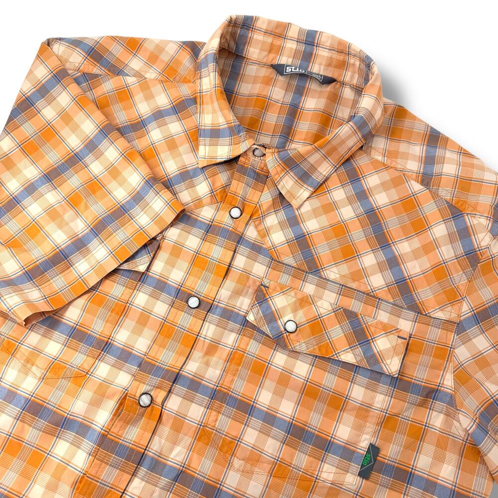Stio Eddy Shirt Pearl Snap Western Men's Large Orange Blue Plaid Short Sleeve